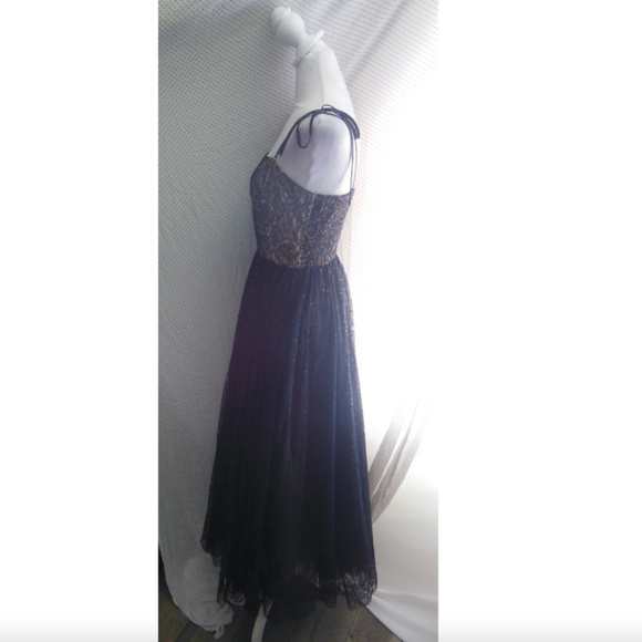 NEW CHELSEA28 Black Nude LACE Sequin Tulle TIE STRAP Party HOLIDAY Maxi DRESS M - Picture 7 of 10